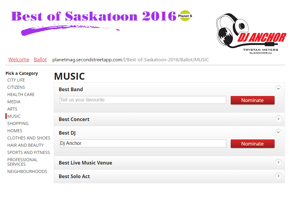 Nominate or Vote DJ Anchor Saskatoon as Best DJ or Armed With Harmony as Best Saskatoon DJ 2016 Planet S Magazine Best Of Edition - Image 1