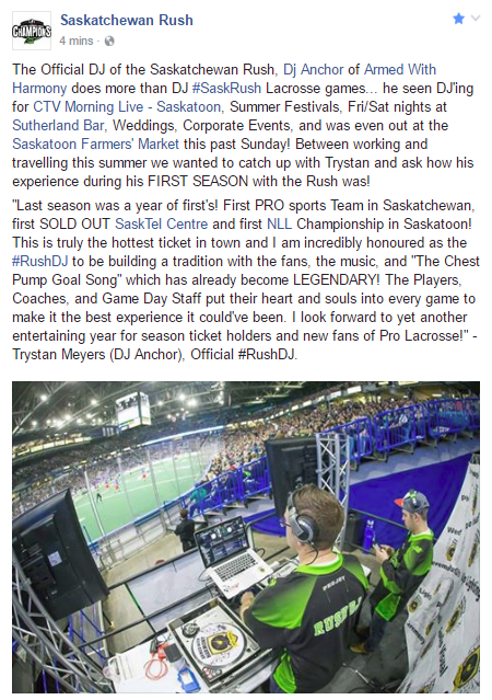 Saskatchewan Rush #RushDJ Dj Anchor Talks About The 2016-2016 Season In Saskatoon - Image 1